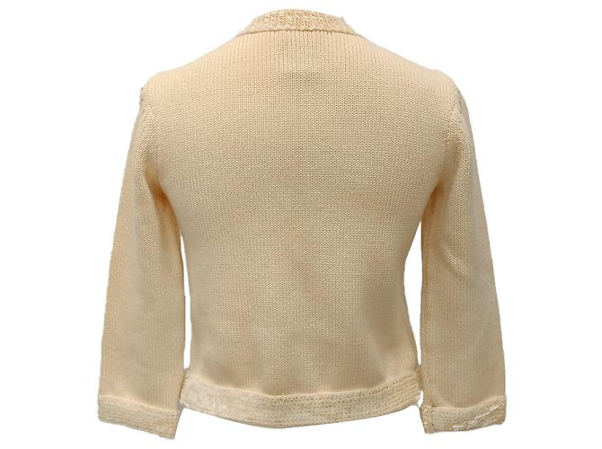 Chanel Strickjacke aus cremefarbener Wolle mit Paillettenbesatz Weiß Roh - Ansicht 3