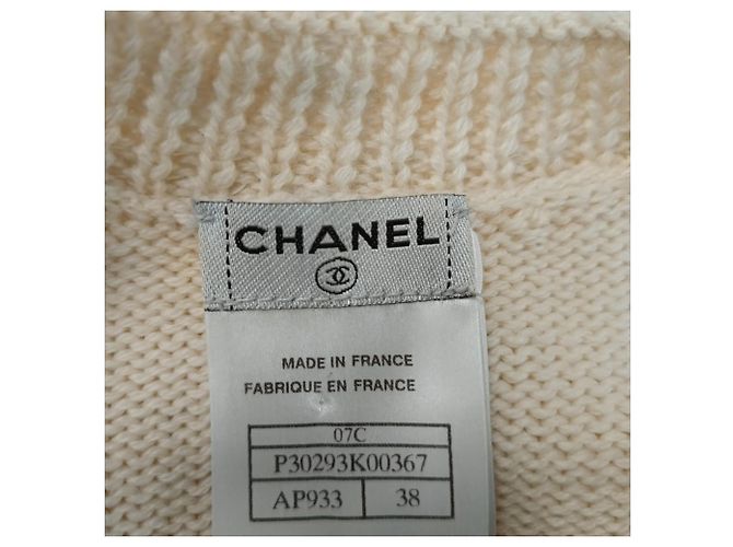 Chanel Strickjacke aus cremefarbener Wolle mit Paillettenbesatz Weiß Roh - Ansicht 4