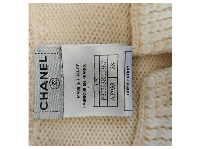 Chanel Strickjacke aus cremefarbener Wolle mit Paillettenbesatz Weiß Roh - Ansicht 5