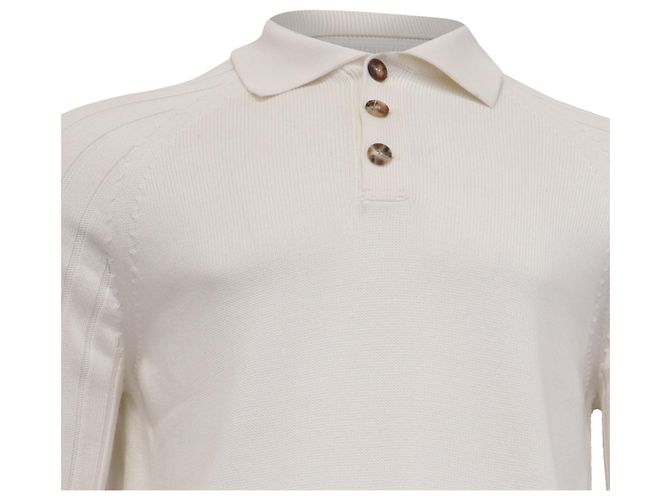 Brunello Cucinelli Strick-Polo-Pullover mit langen Ärmeln aus weißer Baumwolle Roh - Ansicht 2