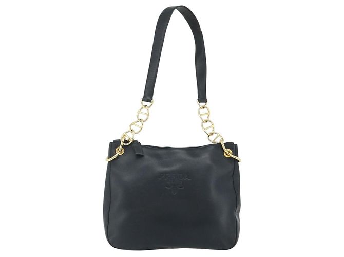 Borsa a Spalla con Catena PRADA in Pelle Blu Navy e Oro Auth 177855A D'oro - vista 13