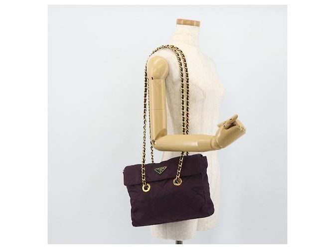 Borsa Tote con Catena PRADA Nylon Viola Oro Auth 178202 D'oro Porpora - vista 23