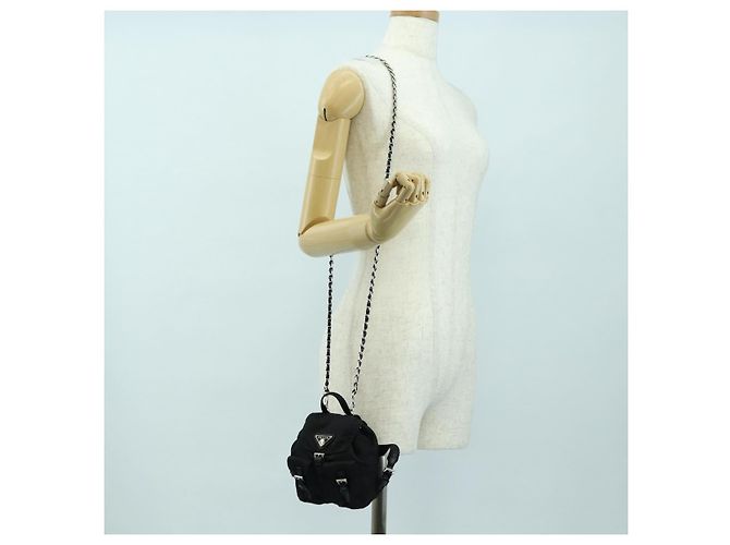 Borsa a Spalla con Catena PRADA Nylon Nero Argento Auth AMZ520M - vista 26