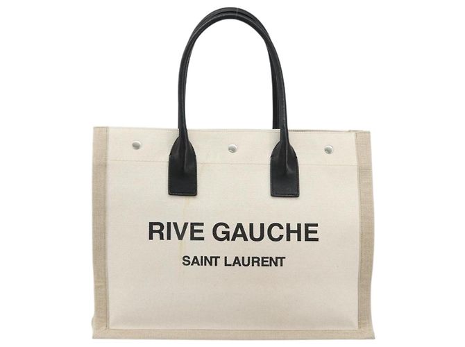SAINT LAURENT Cabas Rive Gauche Bag Canvas Beige Silver 123435 Auth BA12394A - vista 13