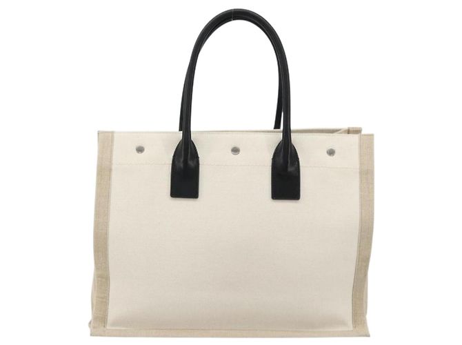 SAINT LAURENT Cabas Rive Gauche Bag Canvas Beige Silver 123435 Auth BA12394A - vista 2