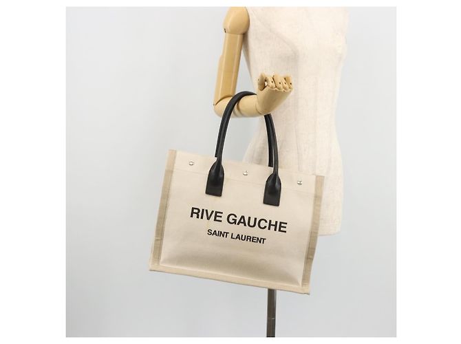 SAINT LAURENT Cabas Rive Gauche Bag Canvas Beige Silver 123435 Auth BA12394A - vista 24