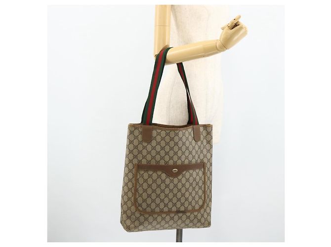 Borsa Tote GUCCI GG Supreme Web Sherry Line PVC Beige Oro 39 02 003 Auth ka4157 - vista 21