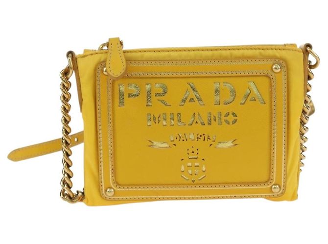 Borsa a Spalla con Catena PRADA Nylon Pelle Oro Giallo Auth 143507 D'oro - vista 2
