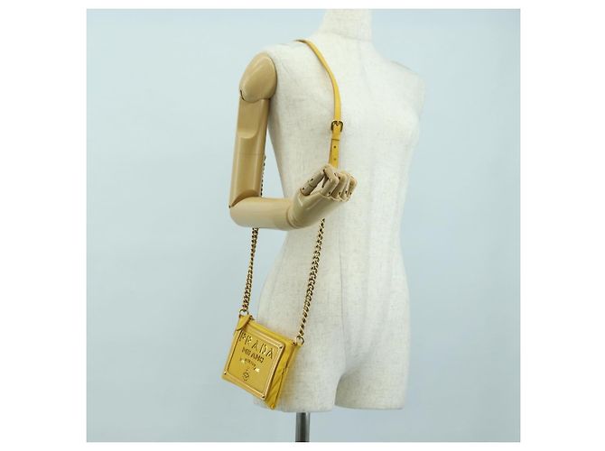 Borsa a Spalla con Catena PRADA Nylon Pelle Oro Giallo Auth 143507 D'oro - vista 25