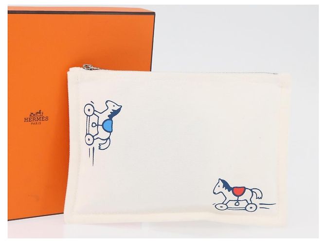 Hermès HERMES Trousse Flats Adada Pouch Cotone Bianco Argento Auth bs35071V - vista 17