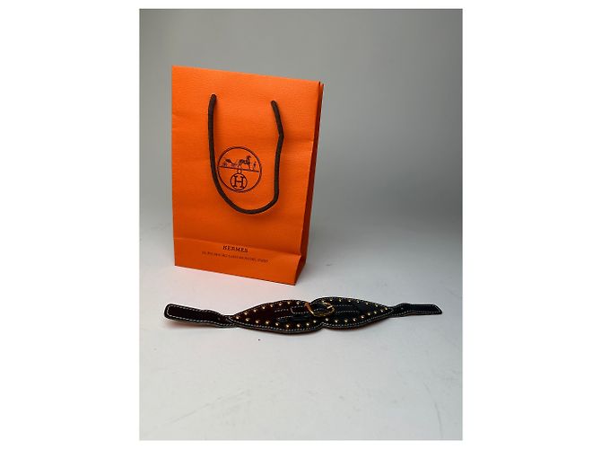Vintage Hermès Paris Leather Studded Cuff Accessory Black Gold - view 2