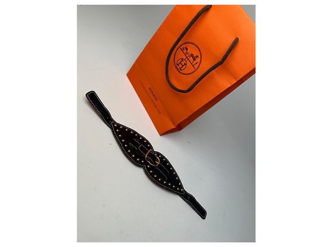 Vintage Hermès Paris Leather Studded Cuff Accessory Black Gold - view 5