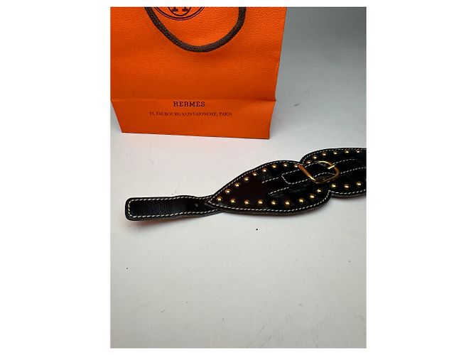 Vintage Hermès Paris Leather Studded Cuff Accessory Black Gold - view 6