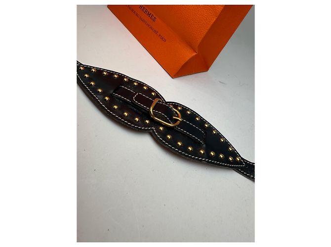 Vintage Hermès Paris Leather Studded Cuff Accessory Black Gold - view 7
