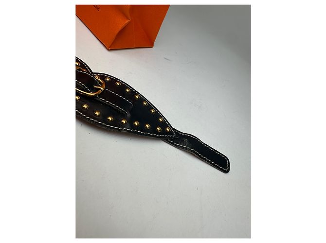 Vintage Hermès Paris Leather Studded Cuff Accessory Black Gold - view 8