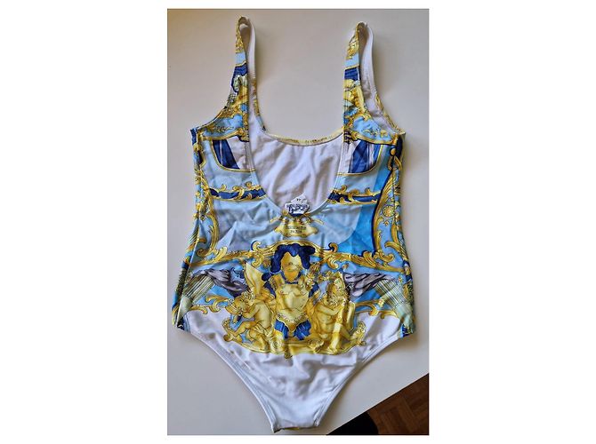 Hermès gemusterter Badeanzug Weiß Golden Hellblau - Ansicht 2