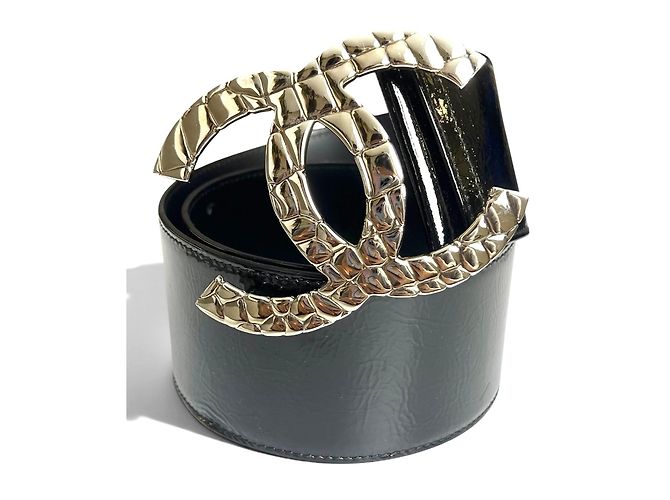 Chanel 07P Breiter Lackgürtel in Schwarz mit CC-Logo in Krokoprägung Silber Hardware - Ansicht 2