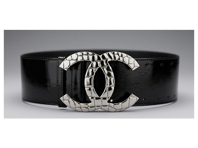 Chanel 07P Breiter Lackgürtel in Schwarz mit CC-Logo in Krokoprägung Silber Hardware - Ansicht 3