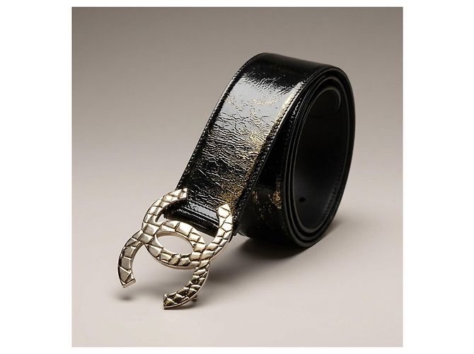 Chanel 07P Breiter Lackgürtel in Schwarz mit CC-Logo in Krokoprägung Silber Hardware - Ansicht 7