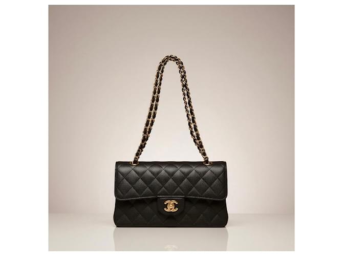 Borsa Chanel Classic Flap in Pelle Martellata Nera Nero - vista 4