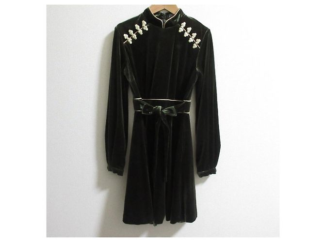 Autre Marque PAMEO POSE Velor Mandarin Mini Kleid Velor Kleid Grün Khaki - Ansicht 3