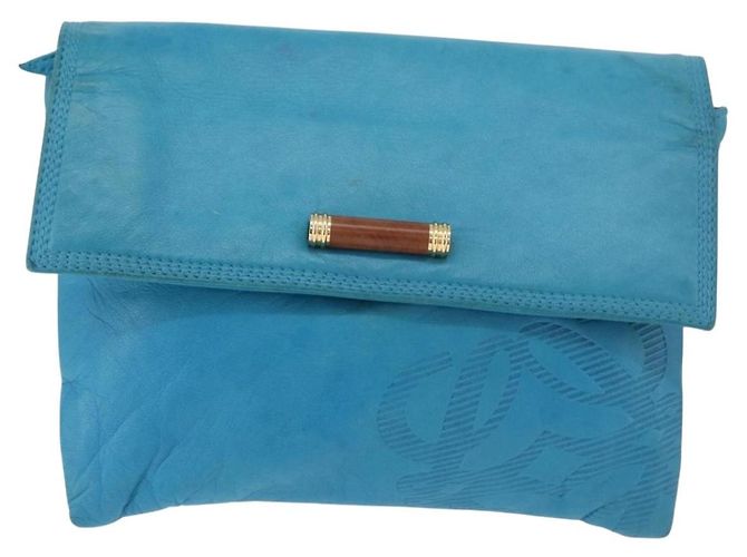 Borsa a Spalla LOEWE Anagram in Pelle Blu Turchese Oro Auth 177303 D'oro - vista 13