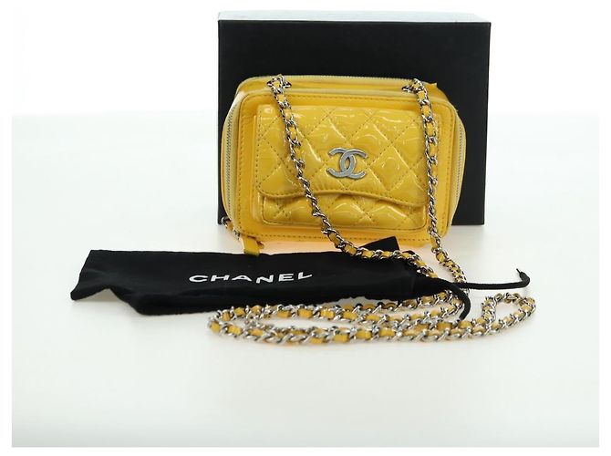 CHANEL Matelasse Chain Shoulder Bag Pelle vernice Giallo Argento CC Auth 177988V - vista 12