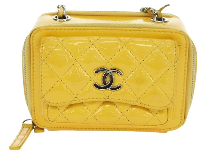 CHANEL Matelasse Chain Shoulder Bag Pelle vernice Giallo Argento CC Auth 177988V - vista 13