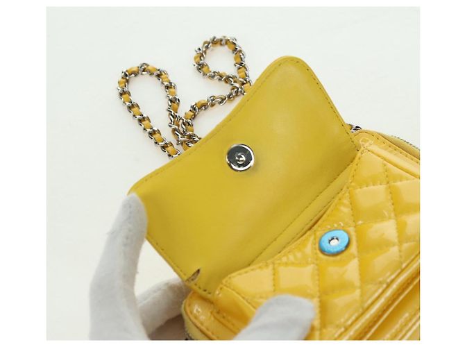 CHANEL Matelasse Chain Shoulder Bag Pelle vernice Giallo Argento CC Auth 177988V - vista 20