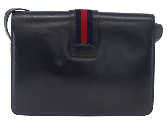 Bolso de hombro GUCCI Sherry Line Cuero Azul Marino Oro Auth 178242 Dorado - vista 2