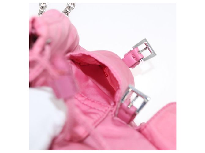 Bolso de Hombro con Cadena PRADA Nylon Rosa Plata Auth 177289A - vista 25