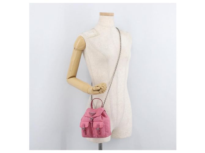 Bolso de Hombro con Cadena PRADA Nylon Rosa Plata Auth 177289A - vista 26