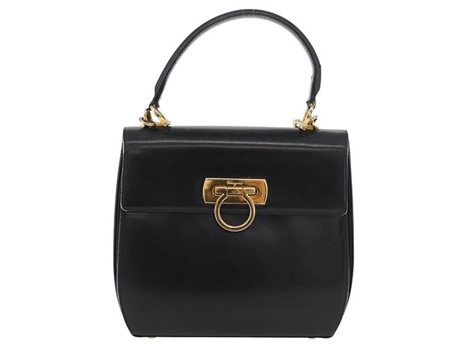 Salvatore Ferragamo Gancini Hand Bag Leather 2way Black Gold Auth 177018 Golden - view 13