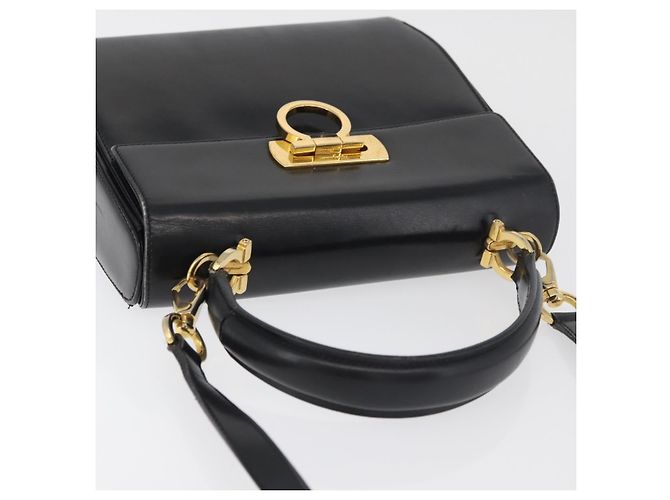 Salvatore Ferragamo Gancini Hand Bag Leather 2way Black Gold Auth 177018 Golden - view 6