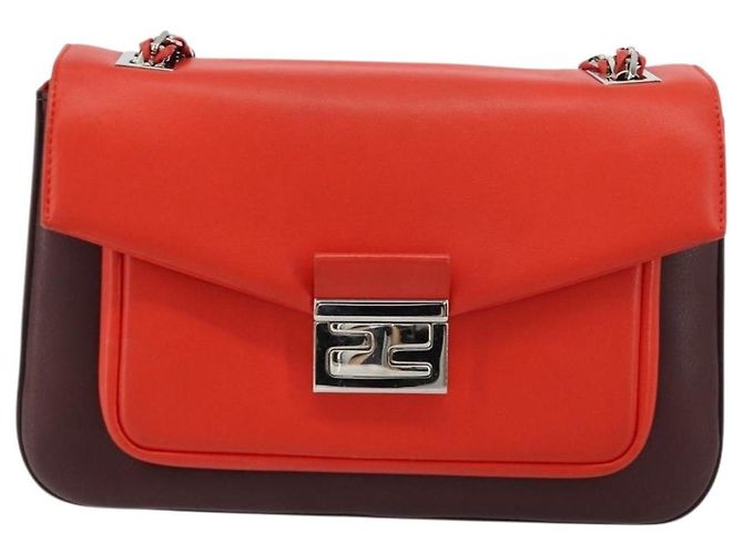 Borsa a tracolla FENDI Chain Baguette in pelle rossa argento Auth 177969A Rosso - vista 13