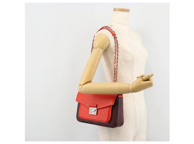 Borsa a tracolla FENDI Chain Baguette in pelle rossa argento Auth 177969A Rosso - vista 24