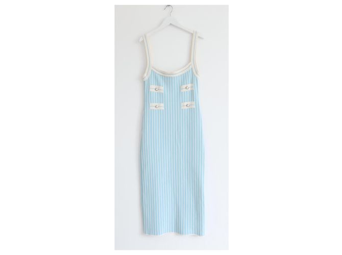 Alessandra Rich Vestido Midi de Punto Rayado Turquesa - vista 2
