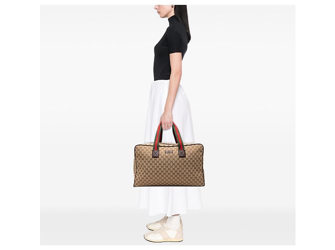 Borsa da viaggio Gucci in tela GG beige con banda Web - vista 7