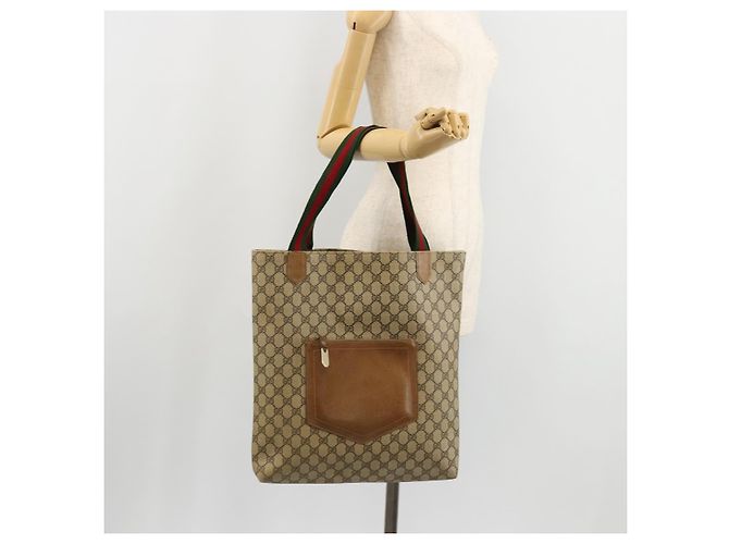 Borsa Tote GUCCI GG Supreme Web Sherry Line PVC Beige Rosso Verde Auth 177505 - vista 21