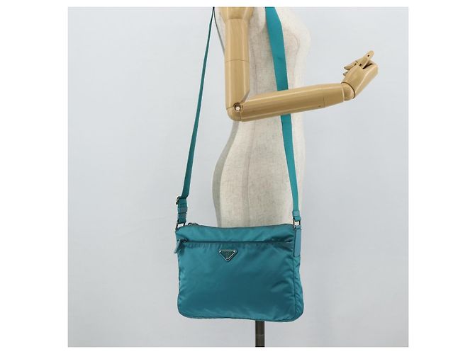 Borsa a Spalla PRADA Nylon Turchese Blu Argento Auth 177218A - vista 25