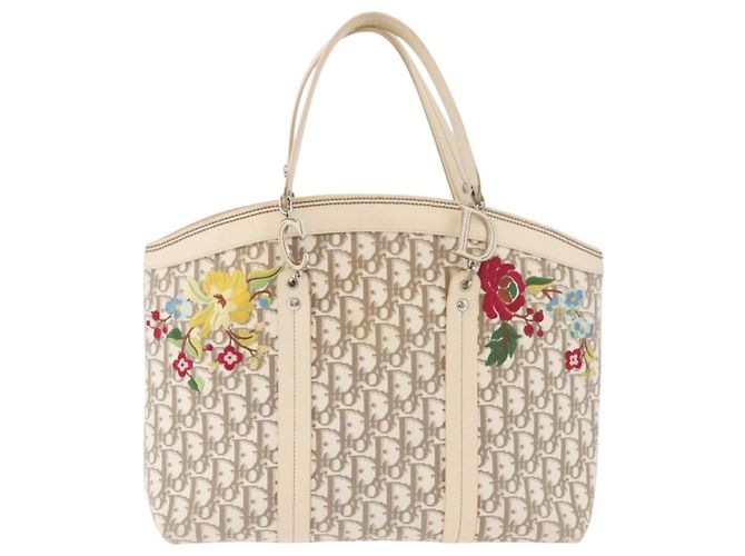 Bolso Tote Christian Dior Trotter Canvas Beige Plata Auth 179002A - vista 13