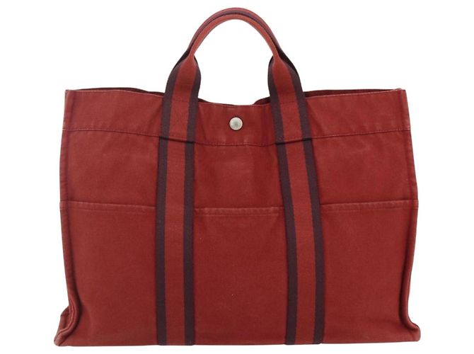 Hermès Borsa Fourre Tout HERMES 2 Set Cotone Rosso Verde Autentica BA12496 - vista 2