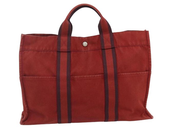 Hermès Borsa Fourre Tout HERMES 2 Set Cotone Rosso Verde Autentica BA12496 - vista 3