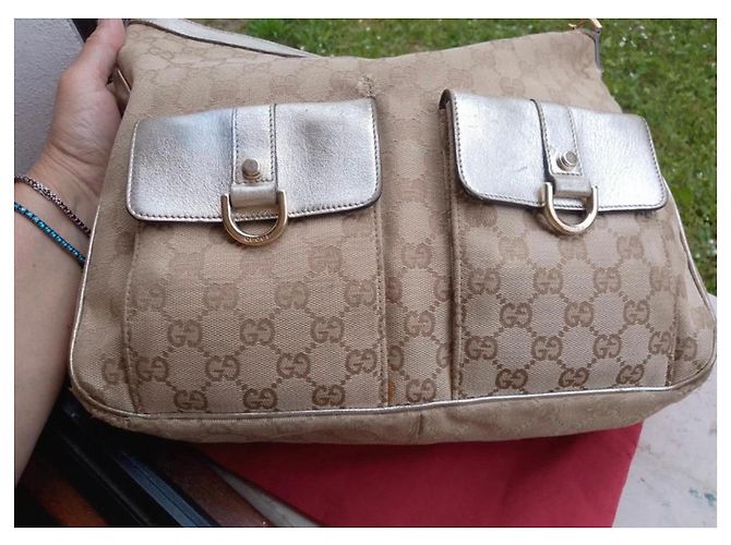 Borsa Gucci in tela monogrammata beige e pelle dorata con ricamo rosa D'oro - vista 13