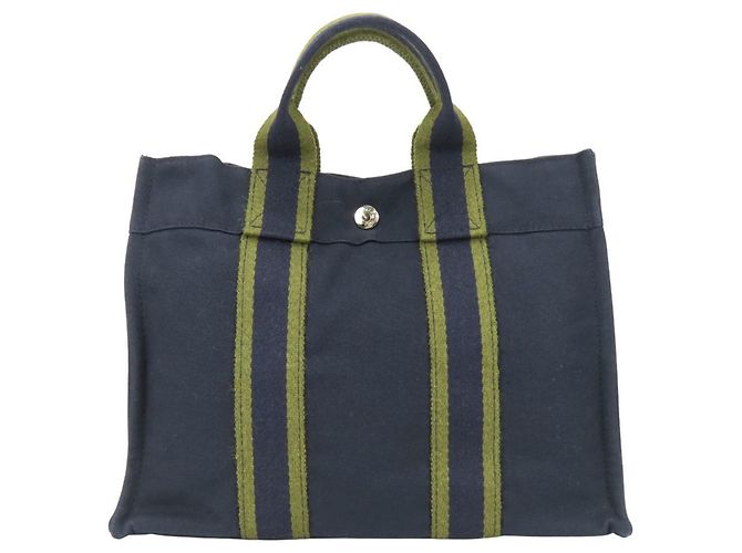 Hermès Hermes Fourre-Tout PM Canvas Tote Bag Olivgrün Marineblau - Ansicht 4