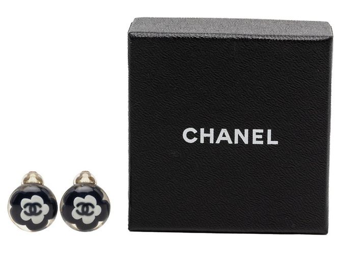 Chanel Camellia Coco Mark Ohrringe Schwarz Silber Weiß - Ansicht 4