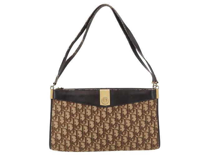 Borsa a Spalla Christian Dior Trotter Canvas Marrone Oro Auth 178153 D'oro - vista 13