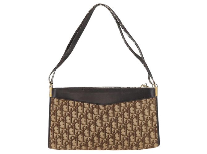 Borsa a Spalla Christian Dior Trotter Canvas Marrone Oro Auth 178153 D'oro - vista 2