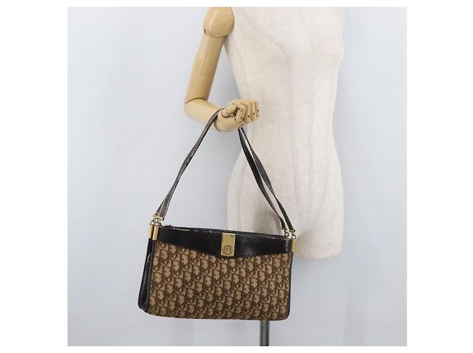 Borsa a Spalla Christian Dior Trotter Canvas Marrone Oro Auth 178153 D'oro - vista 21