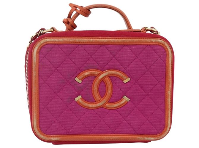 Borsa a tracolla vanity CHANEL CC Filigree Chain in cotone Rosa Oro CC Auth 177990 D'oro - vista 13